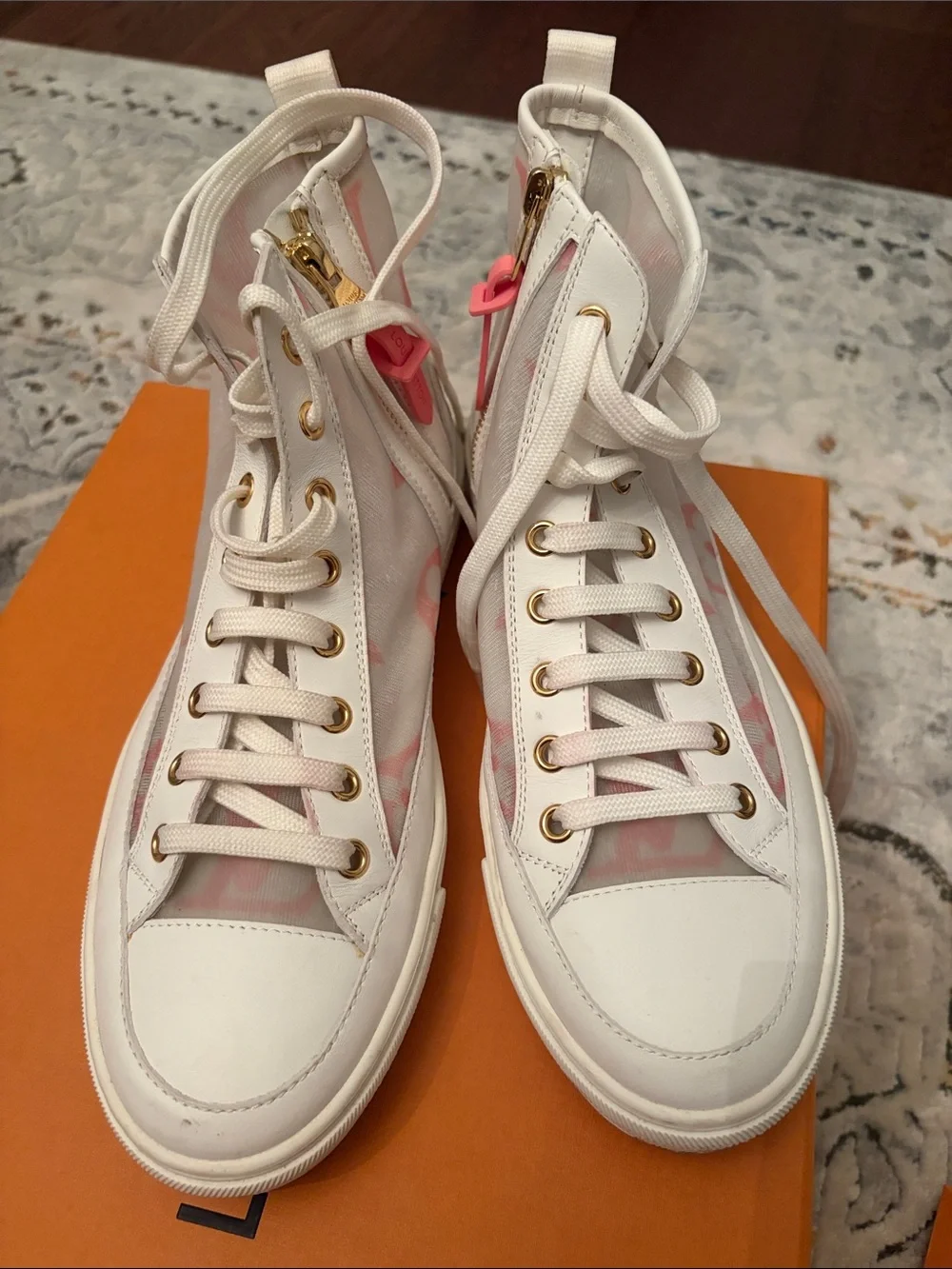 Louis Vuitton White High-Top Sneakers with Pink mesh